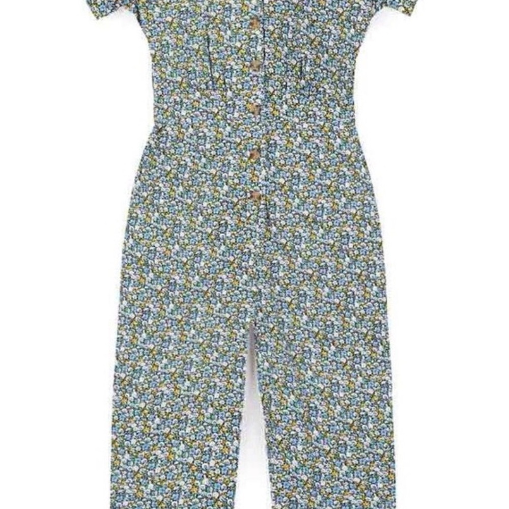 Joanie Floral Button-Front Jumpsuit in Blue and Yellow